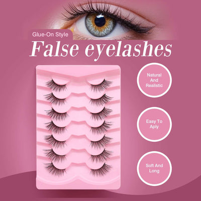 Natural Lashes Wispy Lashes Natural Look False Eyelashes Natural Flared Eyelashes False Eye Lashes Soft Fluffy Lashes 7 Pairs 6mm Gradual 13mm Cat's Eye Transparent Stem Eye Tail Elongated Half Eye Na - ENova
