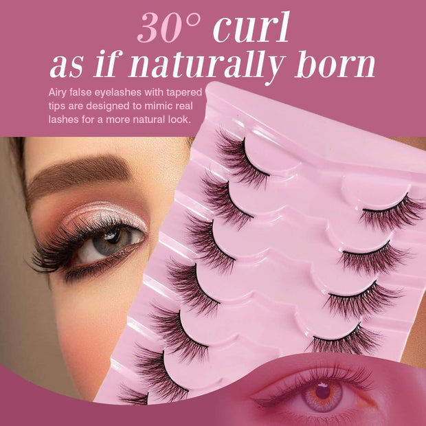 Natural Lashes Wispy Lashes Natural Look False Eyelashes Natural Flared Eyelashes False Eye Lashes Soft Fluffy Lashes 7 Pairs 6mm Gradual 13mm Cat's Eye Transparent Stem Eye Tail Elongated Half Eye Na - ENova