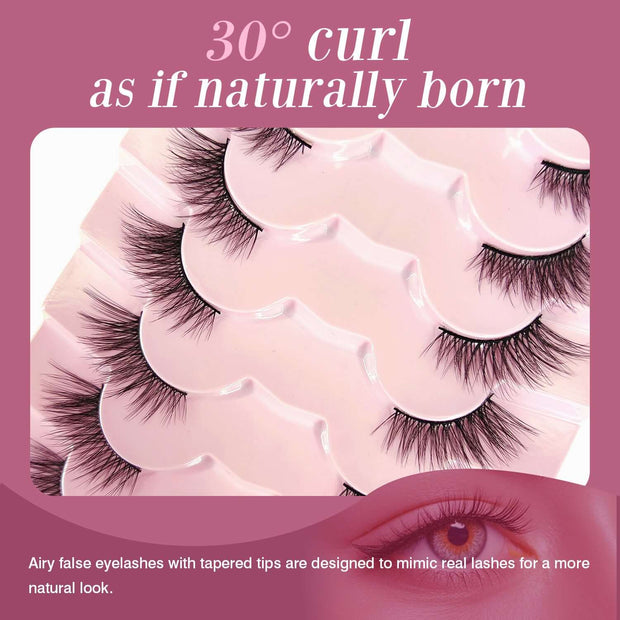 Natural Lashes Wispy Lashes Natural Look False Eyelashes Natural Flared Eyelashes False Eye Lashes Soft Fluffy Lashes 7 Pairs 6mm Gradual 13mm Cat's Eye Transparent Stem Eye Tail Elongated Half Eye Na - ENova